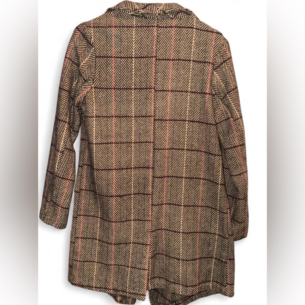 Vintage HYFVE Brown Burgundy Black Pattern Herringbone Trench Coat Jacket EUC - Picture 2 of 5